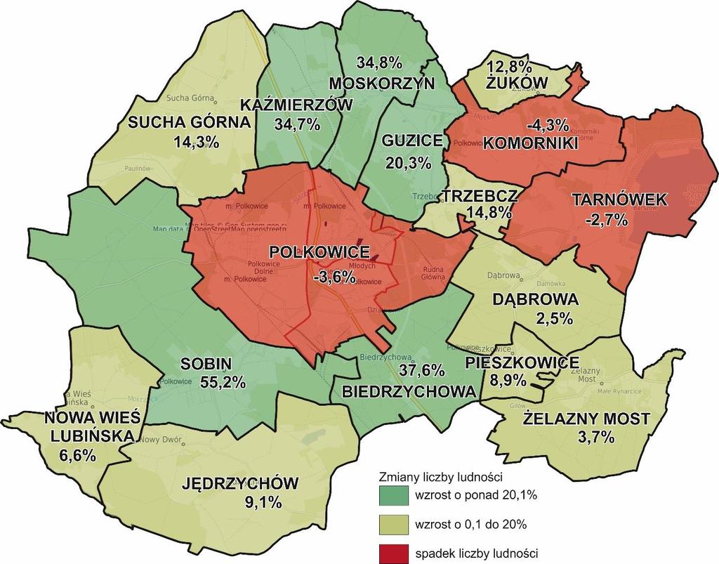 i Dąbrowa, które jako jedyne z sołectw pierwszego pierścienia odnotowały przyrost ludności mniejszy niż 20%.
