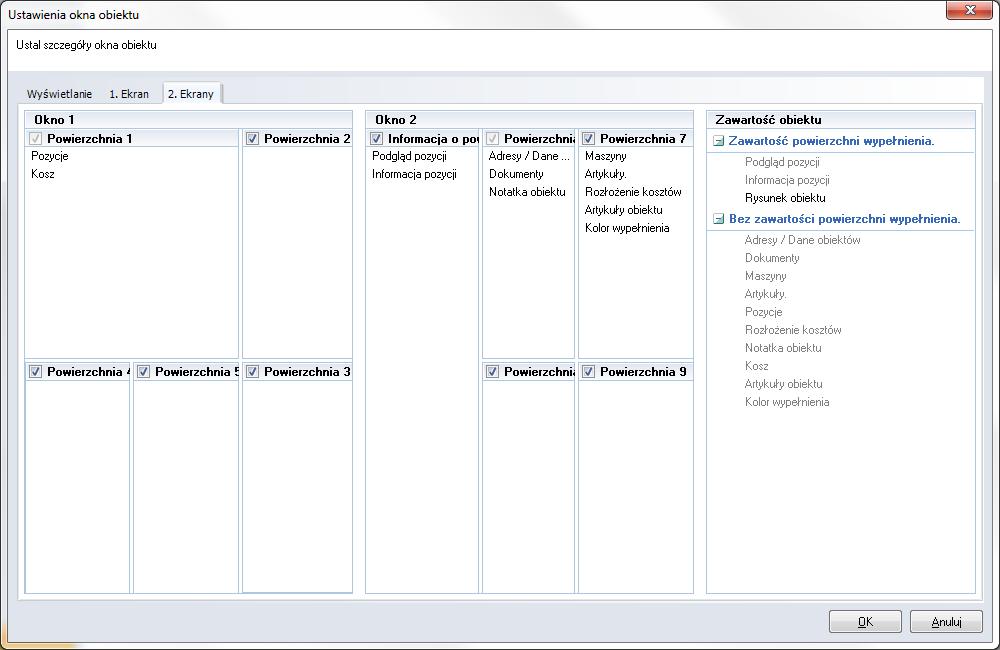 W zakładkach "1." i "2. Ekrany" można ustawić w jaki sposób informacje o pozycjach i obiekcie będą wyświetlane na poszczególnych monitorach.