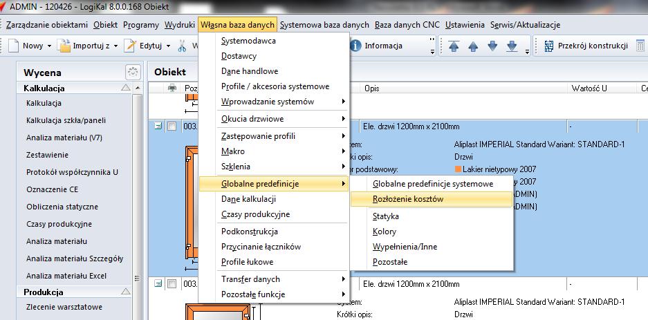 Rozłożenie kosztów w predefinicjach globalnych W celu zapisania rozłożenia kosztów w predefinicjach globalnych proszę kliknąć w menu