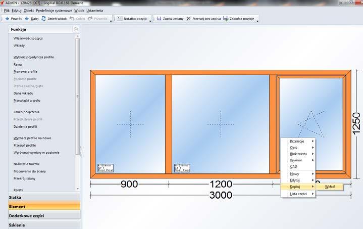 Wprowadzanie elementów Kopiowanie wkładów W zakładce element można kopiować wkłady okienne i