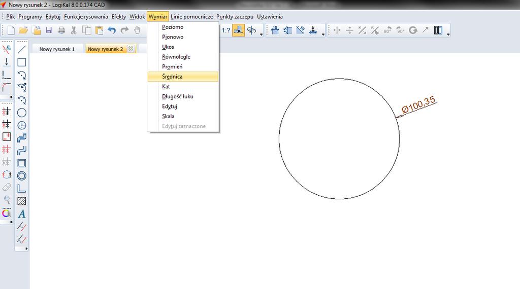 Wymiarowanie średnicy CAD dysponuje teraz funkcją wymiarowaniem