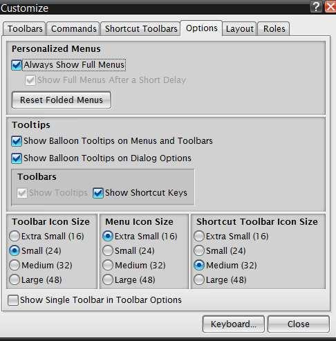 W zakładce Options istnieje możliwość wyboru wielkości ikon pasków i ikon menu (rys. 2.10). 13 Rys. 2.10. Okno Customize Opcje Rys.