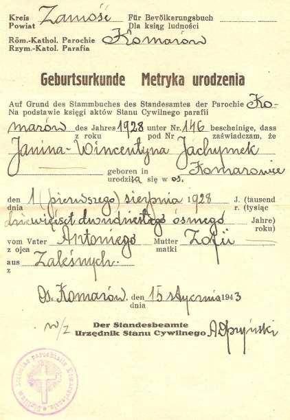 Monografia rzymskokatolickiej parafii św. Trójcy w Komarowie 49 Dokument 3 Rok 1943, 15 stycznia.