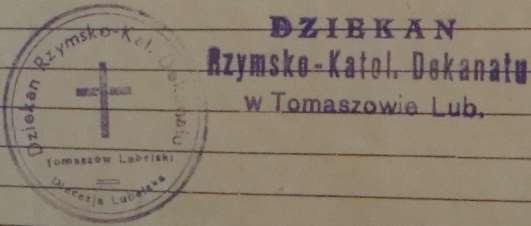 50 Monografia rzymskokatolickiej parafii św. Trójcy w Komarowie Pieczęć 9 Rok 1946, 30 marca. Odciek pieczęci urzędowej i nagłówkowej dziekana dekanatu tomaszowskiego (Księga urodzeń, 1946-1948).