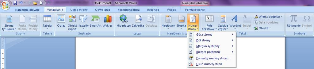 NUMEROWANIE STRON W przypadku, kiedy dokument zawiera większą ilość stron, warto je ponumerować. Microsoft Office Word 2007 umożliwia w prosty sposób autonumerację.