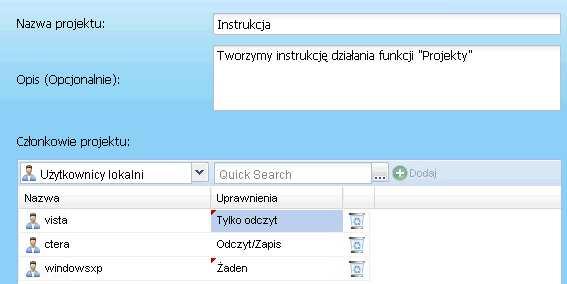 Po kliknięciu na ikonę Nowy projekt ukaże się nam okno, w którym podajemy nazwę projektu, dodajemy opcjonalnie opis projektu i dodajemy Członków projektu.