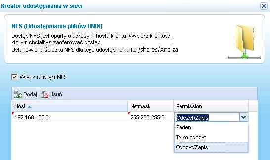 Następnie jeżeli chcemy możemy udostępnić go przez NFS Na sam koniec dodajemy uprawnienia