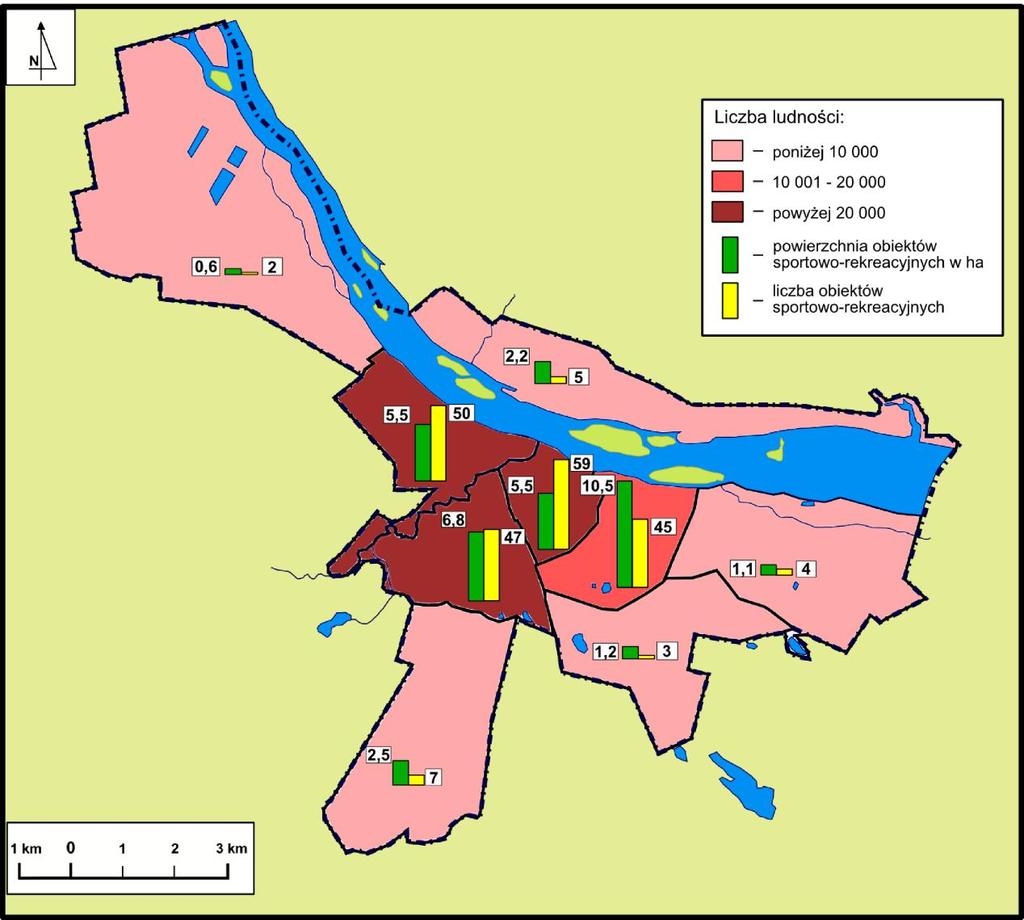 Ryc. 3. Powierzchnia i liczba obiektów sportowo-rekreacyjnych na tle liczby mieszkańców Źródło: Grabski 2009.