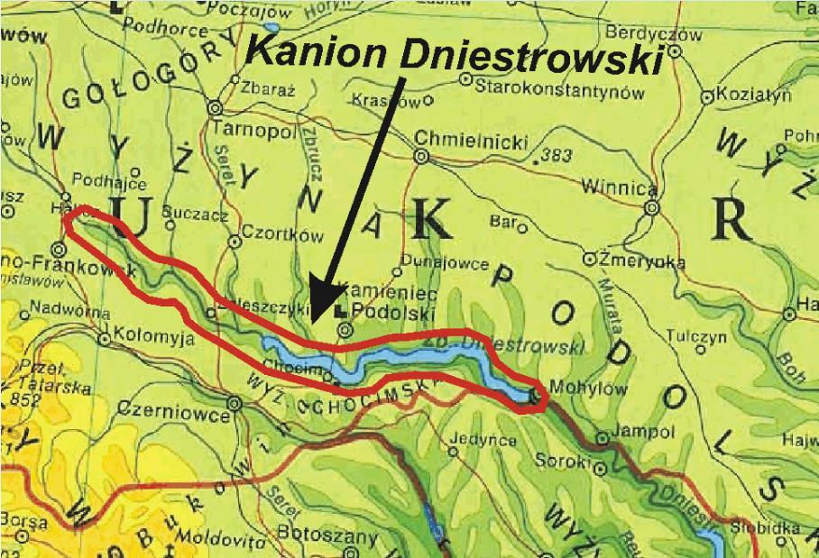 Ryc. 1. Położenie geograficzne kanionu Dniestru (Atlas geograficzny Świata, 2001).