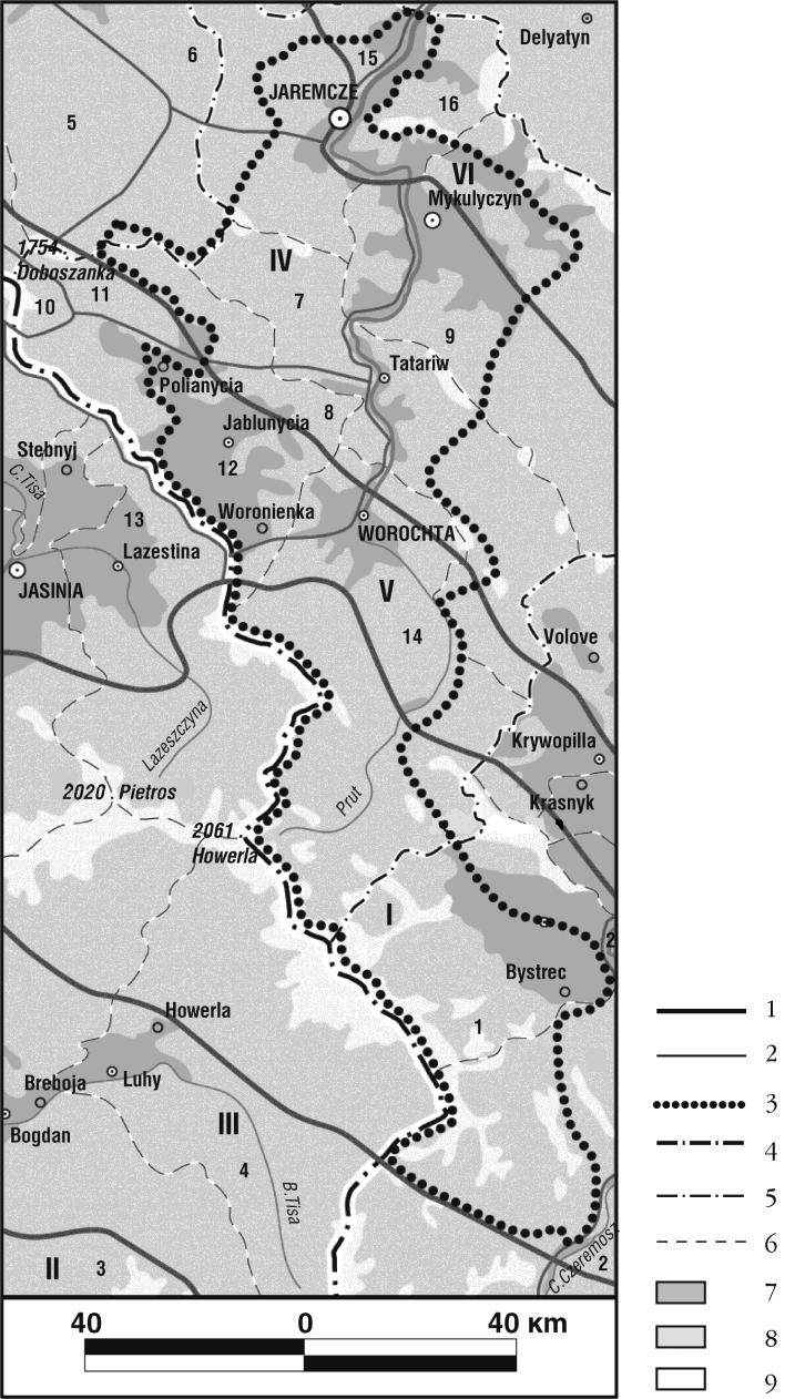 Ryc. 1. Regionalizacja fizyczno-geograficzna Karpackiego Parku Narodowego (Melnyk, 1999). Regiony fizyczno-geograficzne: I. Mezoregion Świdowiecko-Czarnohorski.