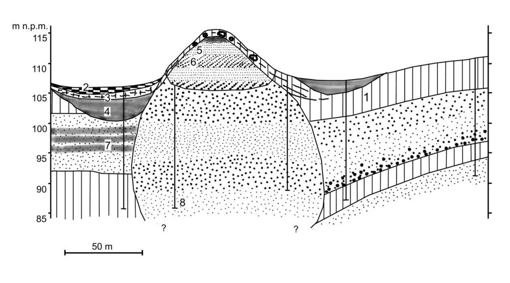 Rys. 2. Przekrój geologiczny badanego odcinka ozu skickiego 1. glina morenowa, głazy; 2. torf; 3. kreda jeziorna; 4. muł; 5. piasek średni; 6. żwir drobny i średni, żwir piaszczysty; 7.