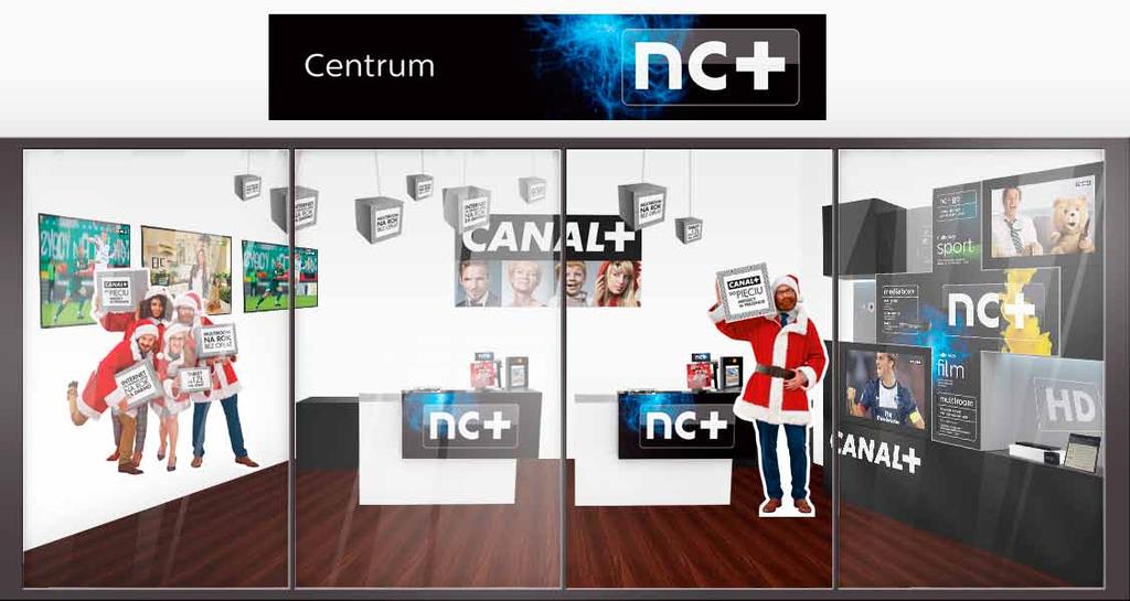 Centrum nc+ oraz inne lokale zlokalizowane przy ulicy (zakaz umieszczania naklejek na meblach) 3 - Stand duży na podłogę obok ścianki PLUS 2 - pudełka na sufit nad