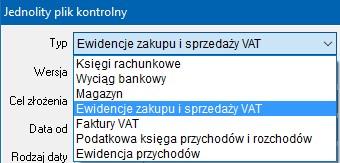 Każdy rodzaj tworzy plik o odrębnej strukturze zgodnie ze specyfikacją ministerstwa finansów. W kolejnym polu określana jest wersja specyfikacji.