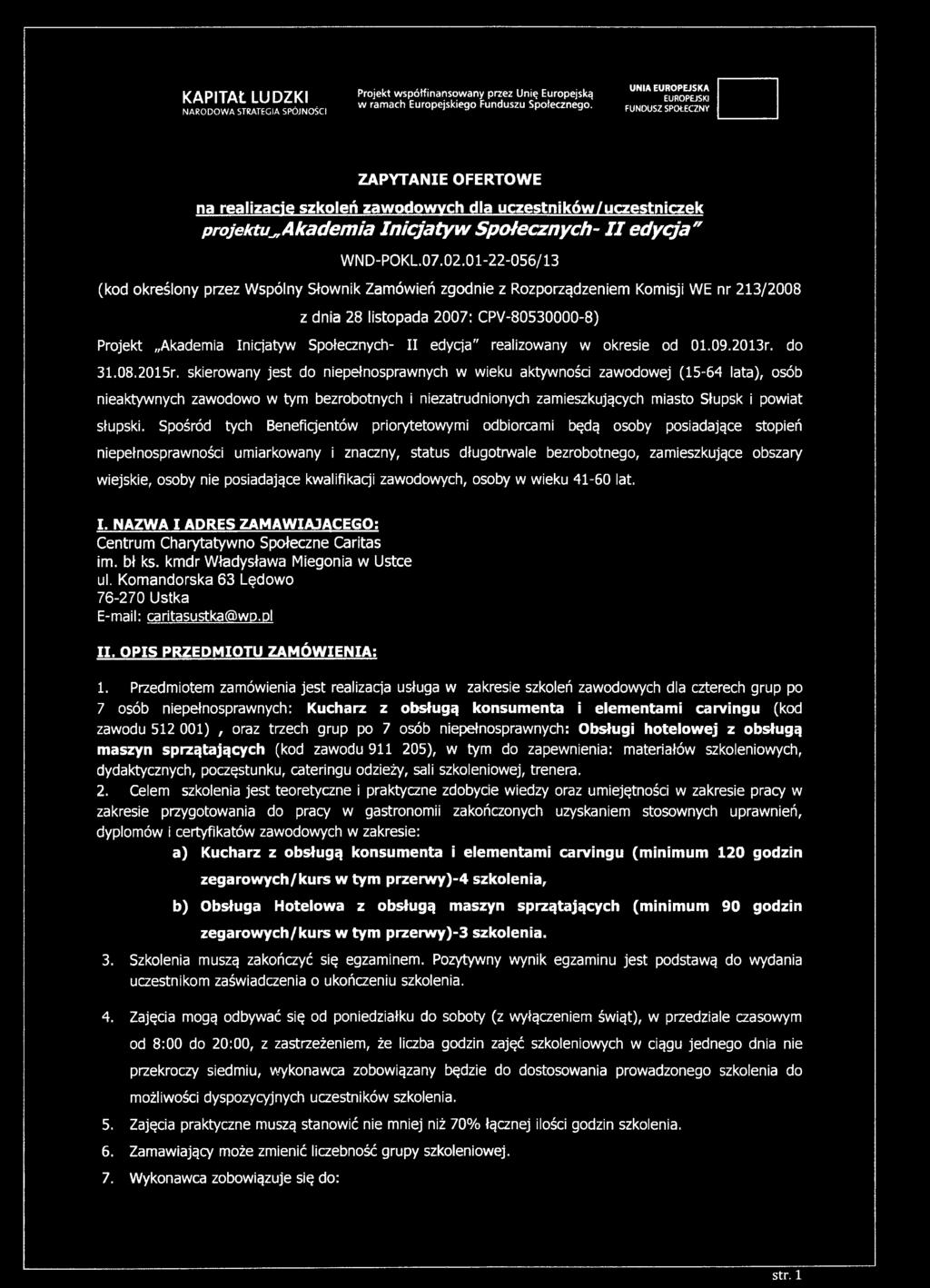 01-22-056/13 (kod określony przez Wspólny Słownik Zamówień zgodnie z Rozporządzeniem Komisji WE nr 213/2008 z dnia 28 listopada 2007: CPV-80530000-8) Projekt Akademia Inicjatyw Społecznych- II