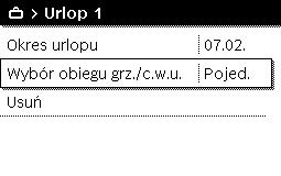Otworzyć menu Wybór obiegu grz./c.w.u.. Aby zakończyć wybieranie, wybrać Dalej i potwierdzić. Sprawdzić ustawienia dla punktów Ogrzew. i C.w.u. w menu dla wybranego programu urlopowego i ew.