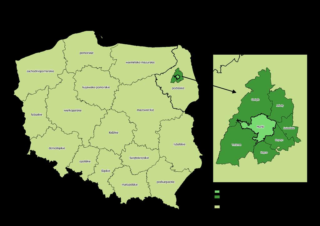 I. INFORMACJE OGÓLNE Gmina Mońki to gmina miejsko-wiejska położona w województwie podlaskim 40 km na północ od Białegostoku, w centralnej