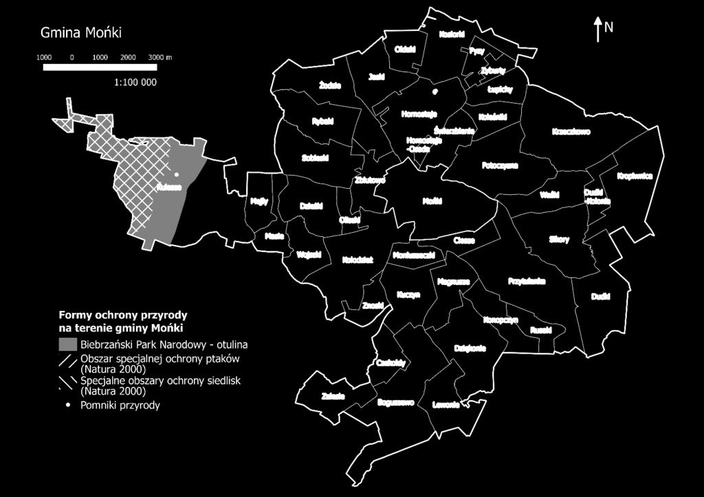 Formy ochrony przyrody w gminie Mońki Źródło: opracowanie własne na podstawie danych z Geoserwisu Głównej Dyrekcji Ochrony Środowiska W latach 2011 2015 udział powierzchni obszarów prawnie