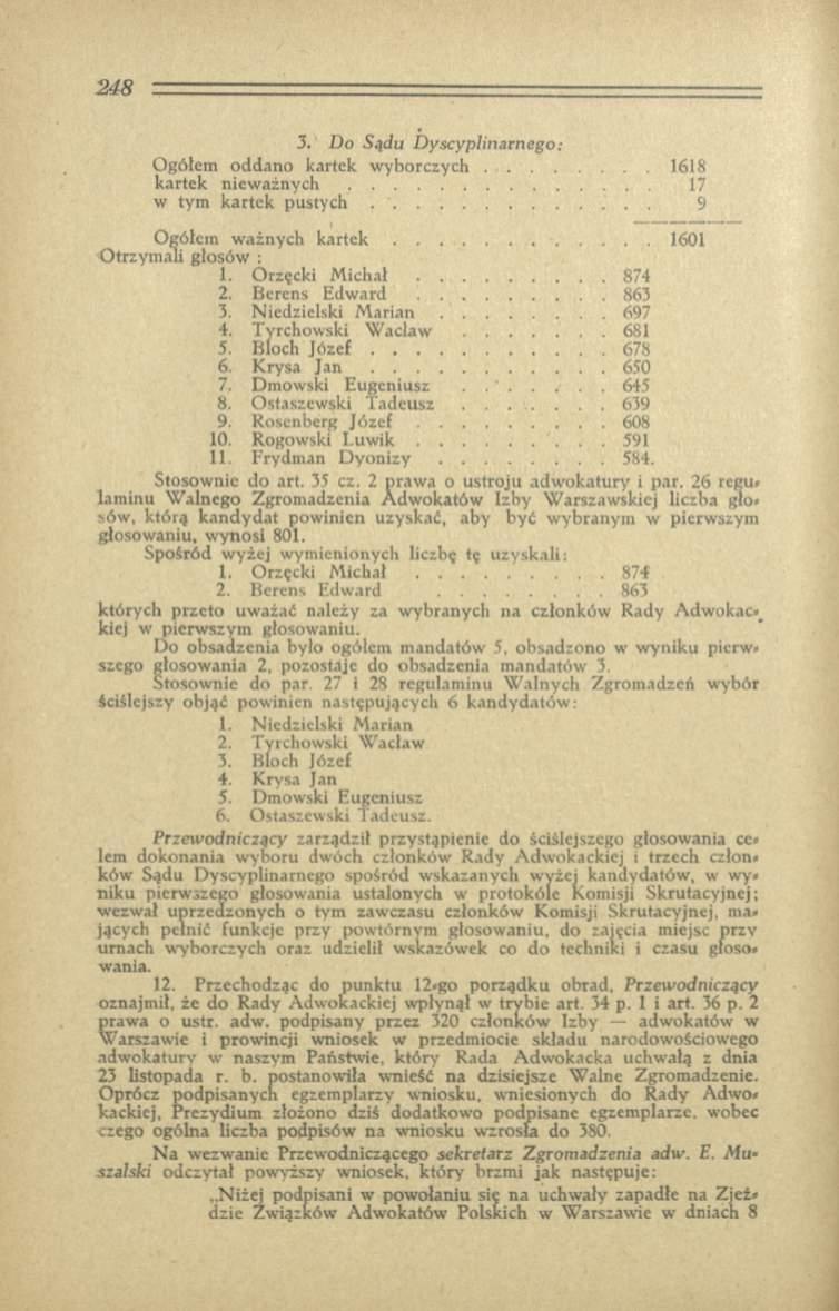 3. Do Sądu Dyscyplinarnego: Ogółem oddano kartek w y b o rc z y c h...1618 kartek n i e w a ż n y c h... 17 w tym kartek p u s t y c h... 9 Ogółem ważnych k a r t e k...1601 Otrzym ali głosów : 1.