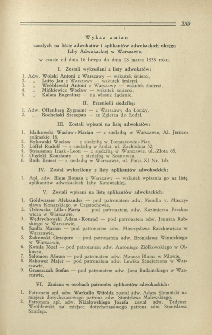 1-.., 259 і Wykaz zmian zaszłych na liście adw o k ató w i a p lik a n tó w adw okackich okręgu Izb y A dw okackiej w W arszaw ie. w czasie od dnia 16 lutego do d nia 18 m arca 1938 roku. I. Z ostali w ykreśleni z listy adw okatów : 1.