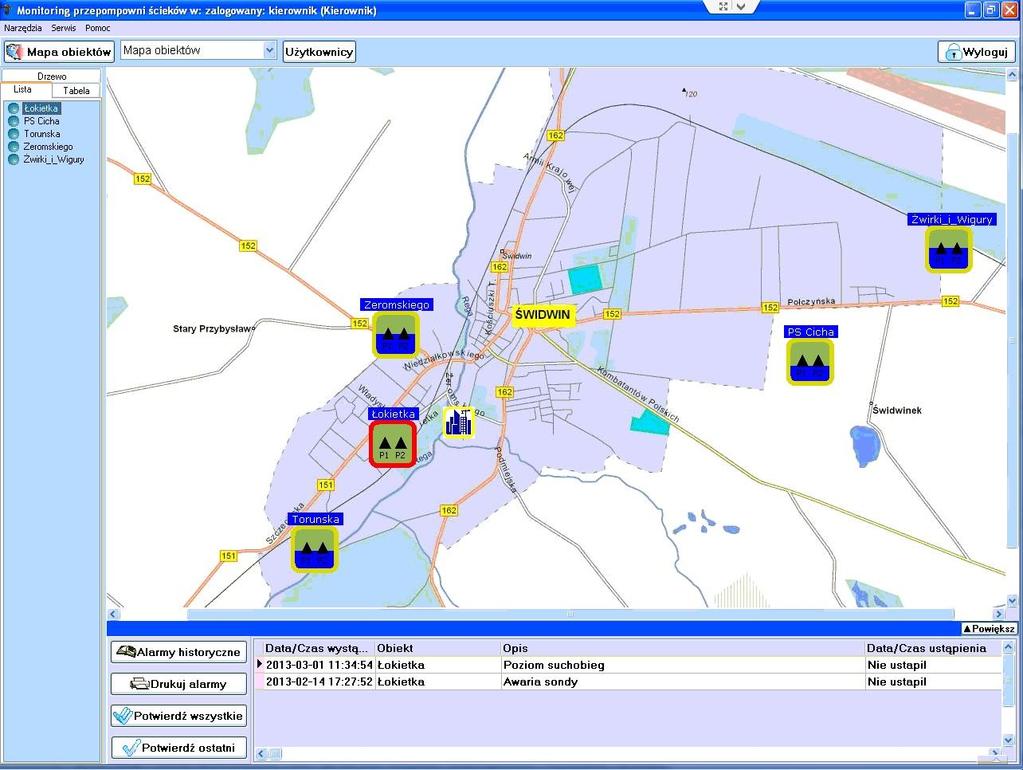 Główne okno synoptyczne wizualizujące monitorowane obiekty. Funkcja logowania/wylogowania operatorów stacji monitorującej pozwala na przypisanie odpowiednich kompetencji danemu operatorowi, np.