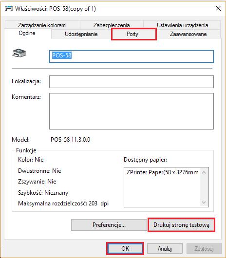 9. Następnie pojawi się ekran Ustawień drukarki, gdzie można w zależności od potrzeb ustawić preferencje drukowania, druk logo graficznego i inne funkcje.