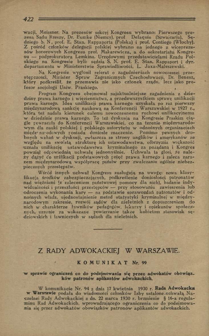 4 2 2... - 1 - = W acji, M eissner. N a p rezesów sekcyj K ongresu w y b ran o : Pierwszego p re z e s a Sądu Rzeszy, Dr. B u irk e (Niemcy), p rof D elaq u is (Sizwajcarja), S ę dziego S. N, prof. E.