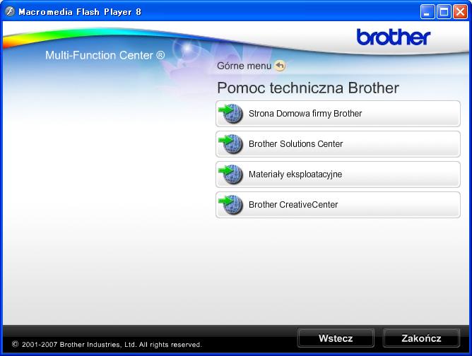 Rozdział 1 Dostęp do pomocy technicznej Brother (Windows ) 1 Wszystkie wymagane informacje kontaktowe, takie jak pomoc techniczna przez Internet (Brother Solutions Center), można znaleźć na