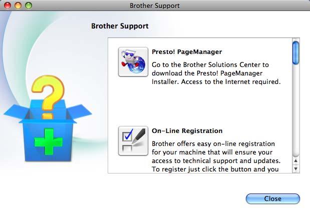 Wyświetlony zostanie poniższy ekran: Dostęp do pomocy technicznej Brother (Macintosh) 1 Wszystkie wymagane informacje kontaktowe, takie jak pomoc techniczna przez Internet (Brother Solutions Center),