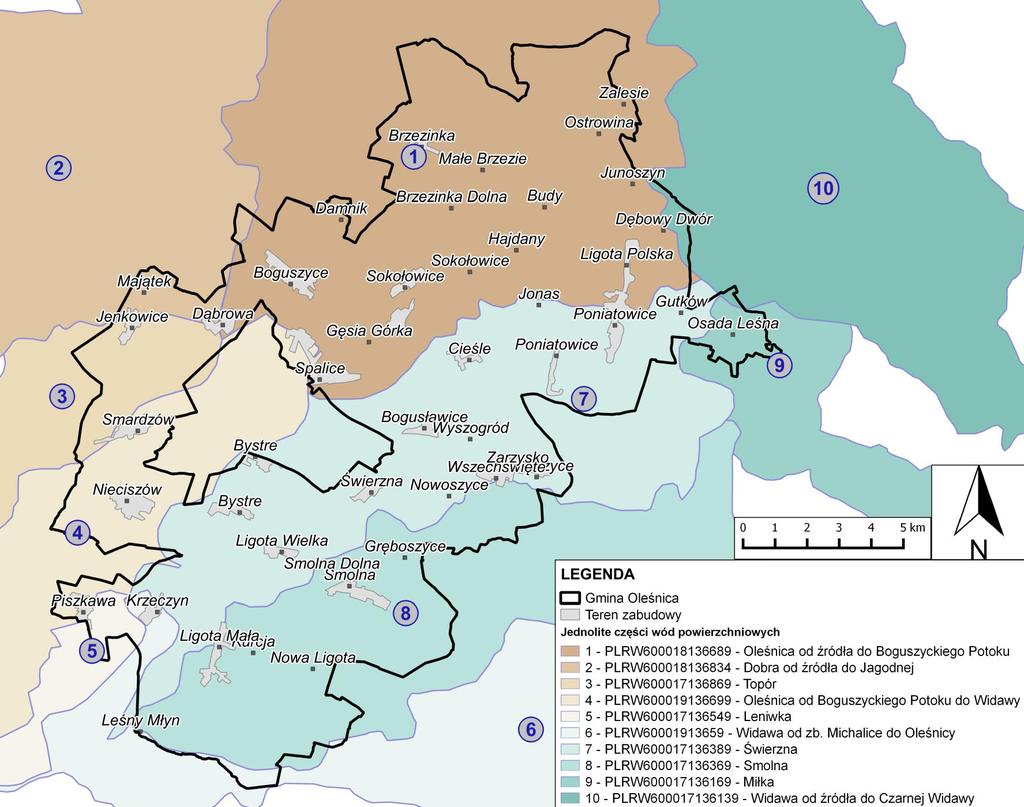 5.6. Wody powierzchniowe 5.6.1. Jednolite części wód powierzchniowych (rzecznych) Gmina Oleśnica leży w dorzeczu Widawy.