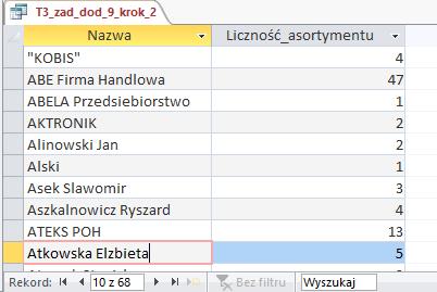 2 - na podstawie kwerendy z kroku 1 przeprowadzić agregację (funkcja Count) i utworzyć arkusz danych o kolumnach: NazwaNabywcy, Liczność asortymentu.