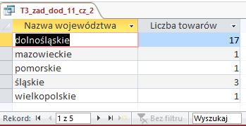 Krok 2: SELECT WOJEWÓDZTWA.Nazwa AS [Nazwa województwa], Count(T3_zad_dod_11_cz_1.