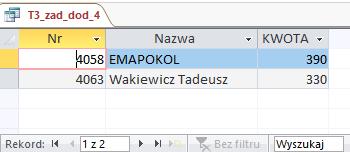 4. Znaleźć dwie najlepsze (pod względem kwoty sprzedaży) firmy, u których zaopatrywała się Nasza firma w lipcu 1992 (użyj funkcji Year i Month). SELECT TOP 2 FIRMY.Nr, FIRMY.