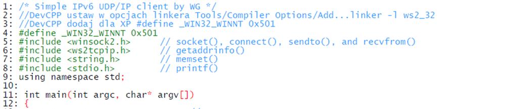 6.1. Klient komunikacji UDP (język C) Program umożliwia