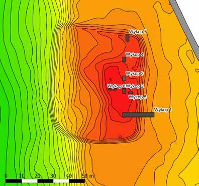 301 Ryc. 8. Plan warstwicowy grodziska w Gulbiu, st. 1 (wyk. J. Błaszczyk) z zaznaczonymi miejscami wierceń geologicznych (oprac. J. Nitychoruk i F.