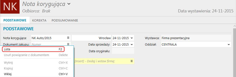 Użytkownik może wprowadzić numer dokumentu zakupu oraz oryginału ręcznie.