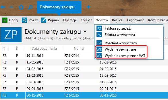 Dodano możliwość wystawienia wydania magazynowego na podstawie faktury zakupu lub automatycznego przyjęcia magazynowego (Su) W module Zakup i Przyjęcia umożliwiono wystawienie dokumentu Wydania