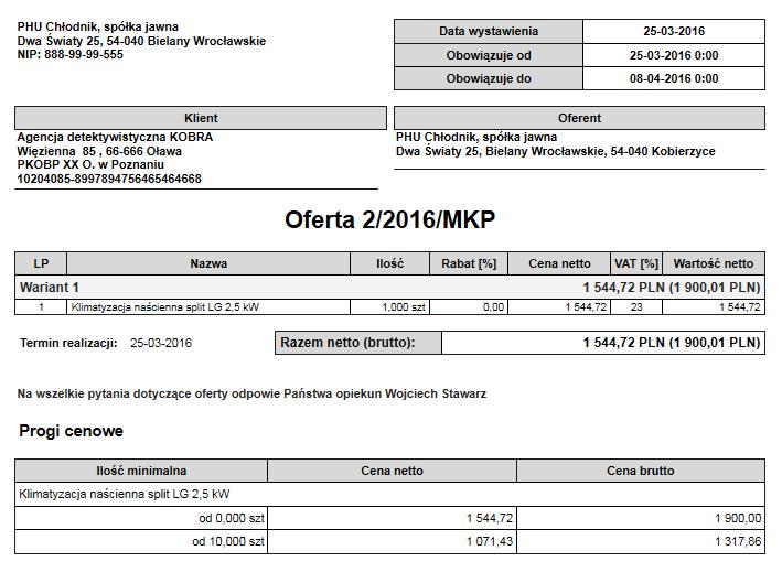 Wydruk oferty z tabelą