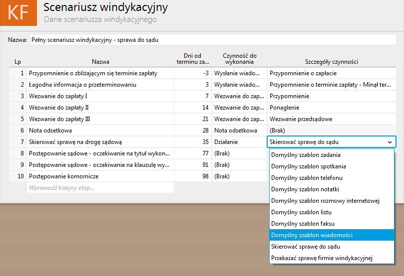 a. Przykładowo dla etapu o nazwie Skierować sprawę na drogę sądową, ustawione może zostać wystawienie działania na podstawie zdefiniowanego wcześniej szablonu b.