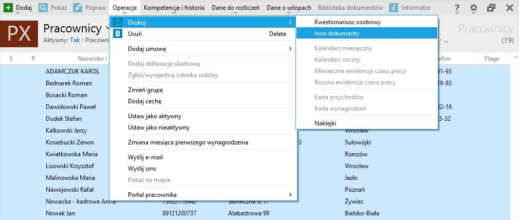 Dla wydruków kadrowych definiowanych w słowniku "Treści dokumentów" umożliwiono wydruk zbiorczy dla wielu pracowników/umów naraz (Gr) Aby skorzystać z możliwość zbiorczego wydruku dokumentów, należy