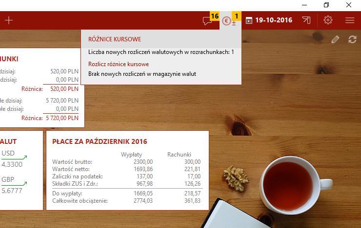 Widgety wyświetlają informacje o istotnych wydarzeniach w programie. Pojawiają się tylko wtedy, gdy jest coś ważnego do zakomunikowania, np. pojawiła się nowa wiadomości e-mail.