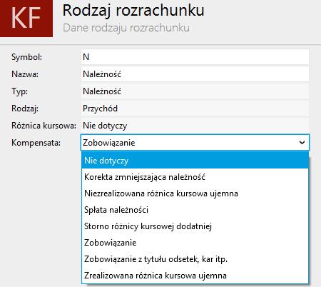Rodzaj powstających automatycznie rozrachunków kompensacyjnych może być definiowany przez użytkownika. Rodzaje rozrachunków dostępne w słowniku posiadają pole Kompensata.