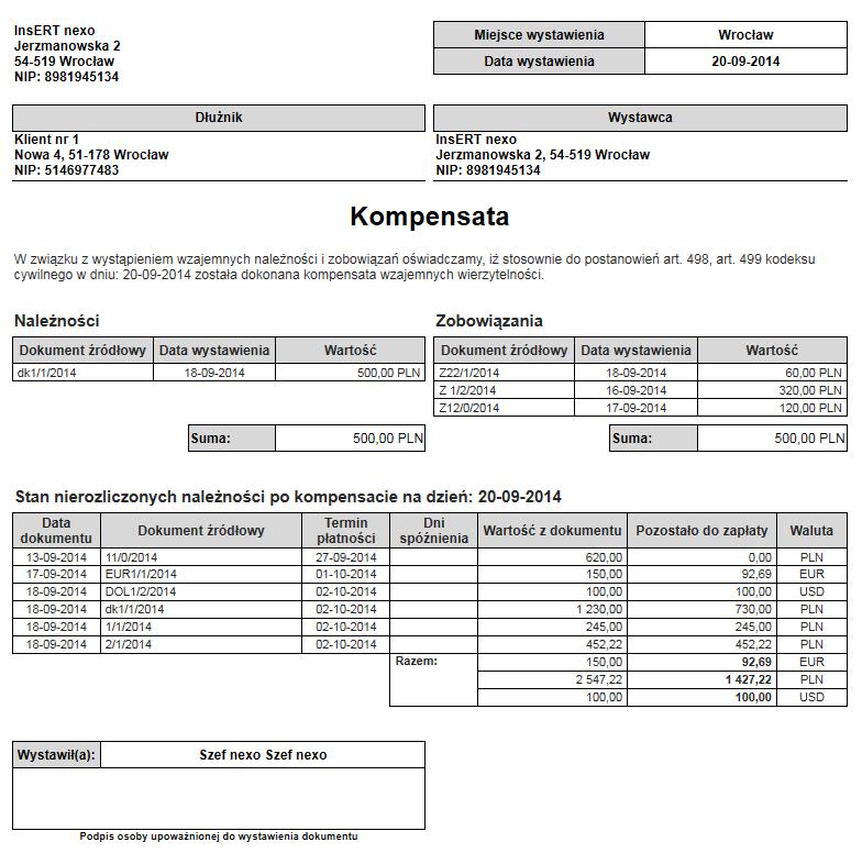 Oprócz statusu Propozycja oraz Zrealizowana, kompensaty mogą występować