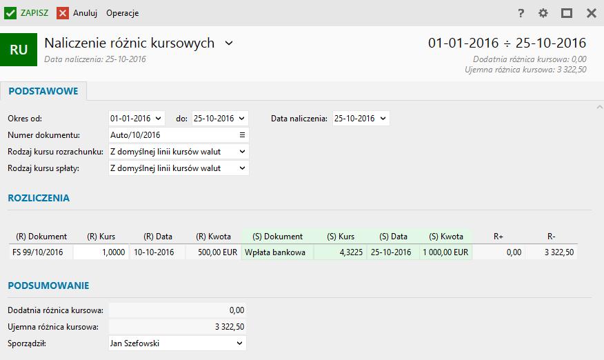 Podsumowanie oprócz zbiorczego podsumowania całego dokumentu dostępne jest pole Sporządził pozwalające na określenie osoby dokonującej naliczenia różnic kursowych.
