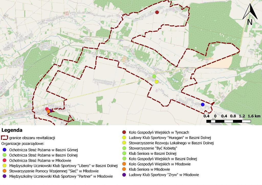 Mapa 3 Rozmieszczenie organizacji pozarządowych w granicach wyznaczonego obszaru rewitalizacji na