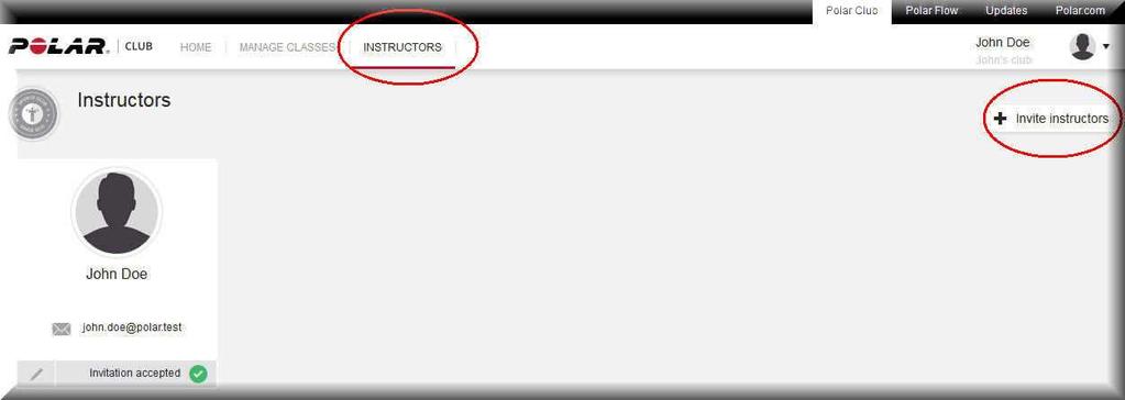 ZAPRASZANIE INSTRUKTORÓW 1. Otwórz kartę INSTRUKTORZY w serwisie Polar Club, a następnie kliknij przycisk Zaproś instruktorów. 2.