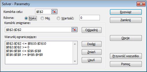 P. Kowlk, Lbortorum bdń opercyjnych: zdne optymlnej mesznk - mksymlzcj lośc mesznk 6 * Wrunek dodny dl uproszczen wprowdzn dnych do Solver.