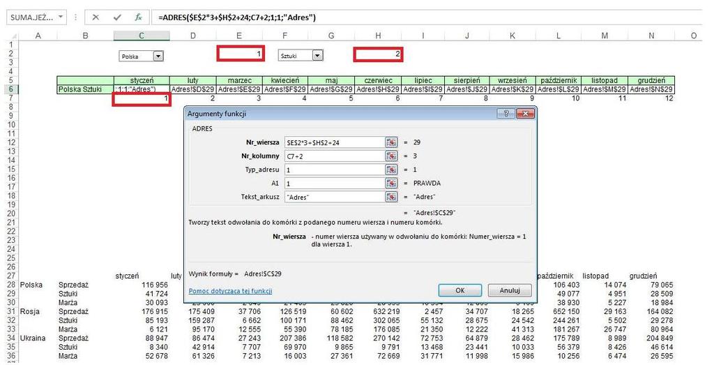 Aby formuła ta pokazywała odpowiednie dane w zależności także od kraju należy w Nr_wiersza wprowadzić także odwołanie do komórki E2.