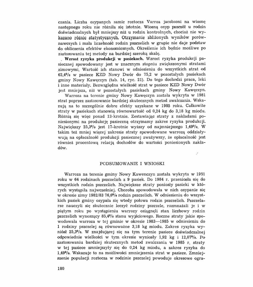 czania. Liczba osypanych samic roztocza Varroa jacobsoni na wiosnę następnego roku nie różniła się istotnie.
