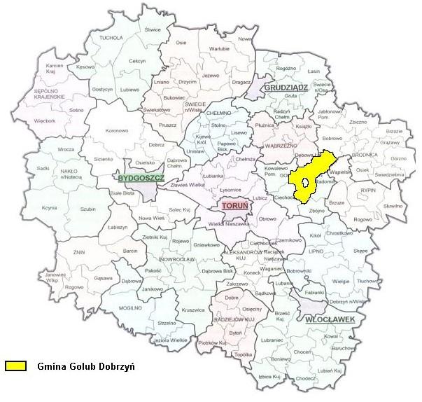 Rycina 1 Gmina wiejska Golub-Dobrzyń na tle województwa kujawsko-pomorskiego Przez obszar gminy przebiega droga krajowa nr 15 relacji Toruń - Olsztyn oraz drogi wojewódzkie: nr