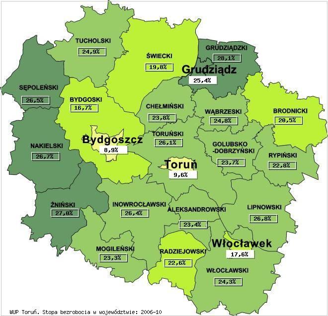 Jak Pokazuje Rycina 3, wartość stopy bezrobocia dla powiatu Golubsko- Dobrzyńskiego zbliżona była, do wartości stopy bezrobocia większości powiatów w Województwie Kujawsko-Pomorskim.